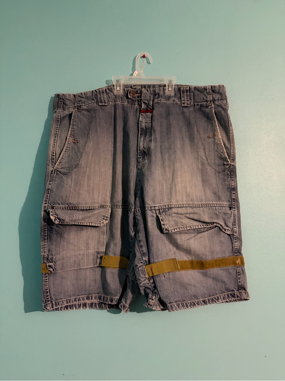 Marithe Francois Girbaud Faded Gray Cargo Jean Shorts with Olive Strap